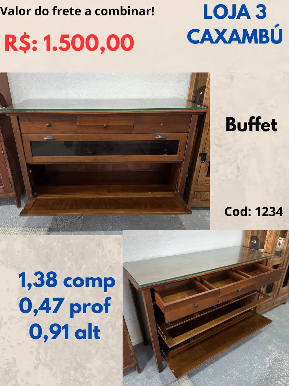 Buffet com vidro em cima 