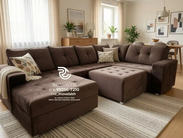 Sofá de Canto 3,10m Chaise e Puff Veludo Cinza Claro D33 Premium - Foto 3