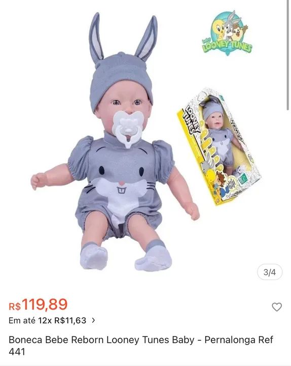 Boneca Bebe Reborn Looney Tunes Baby - Pernalonga  - Foto 5