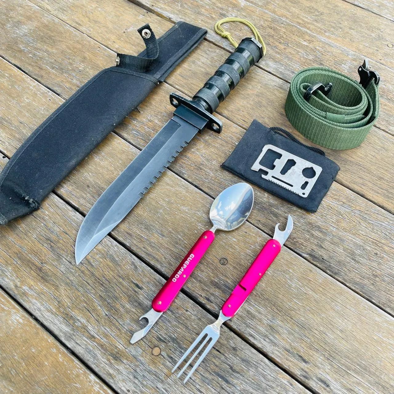 Faca do Rambo + Cinto Militar + Kit Multiuso Guepardo