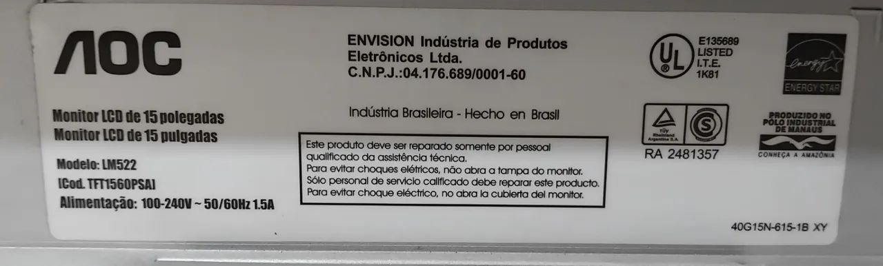 Monitor Aoc Modelo 522 - 15 Polegadas - Foto 5