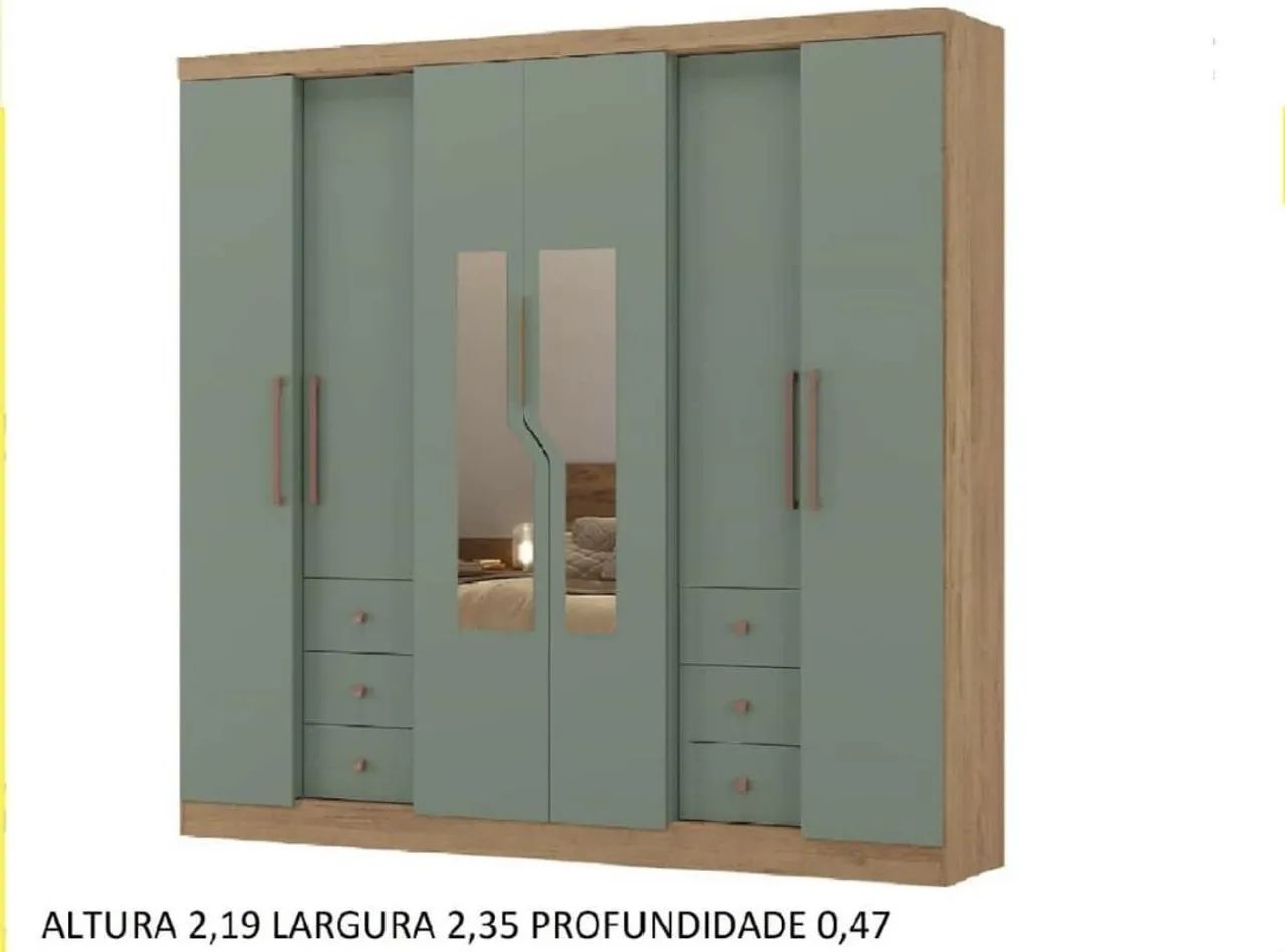 Guarda-Roupa 6 Portas com Espelho - Verde amplo espaço interno 
