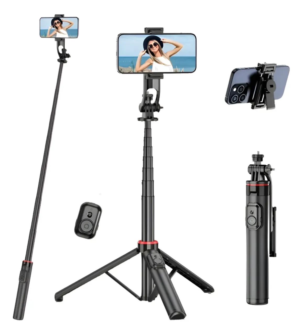 Bastão de Selfie com Tripé - Suporte Estável com Controle Bluetooth e Extensão de 1,31m