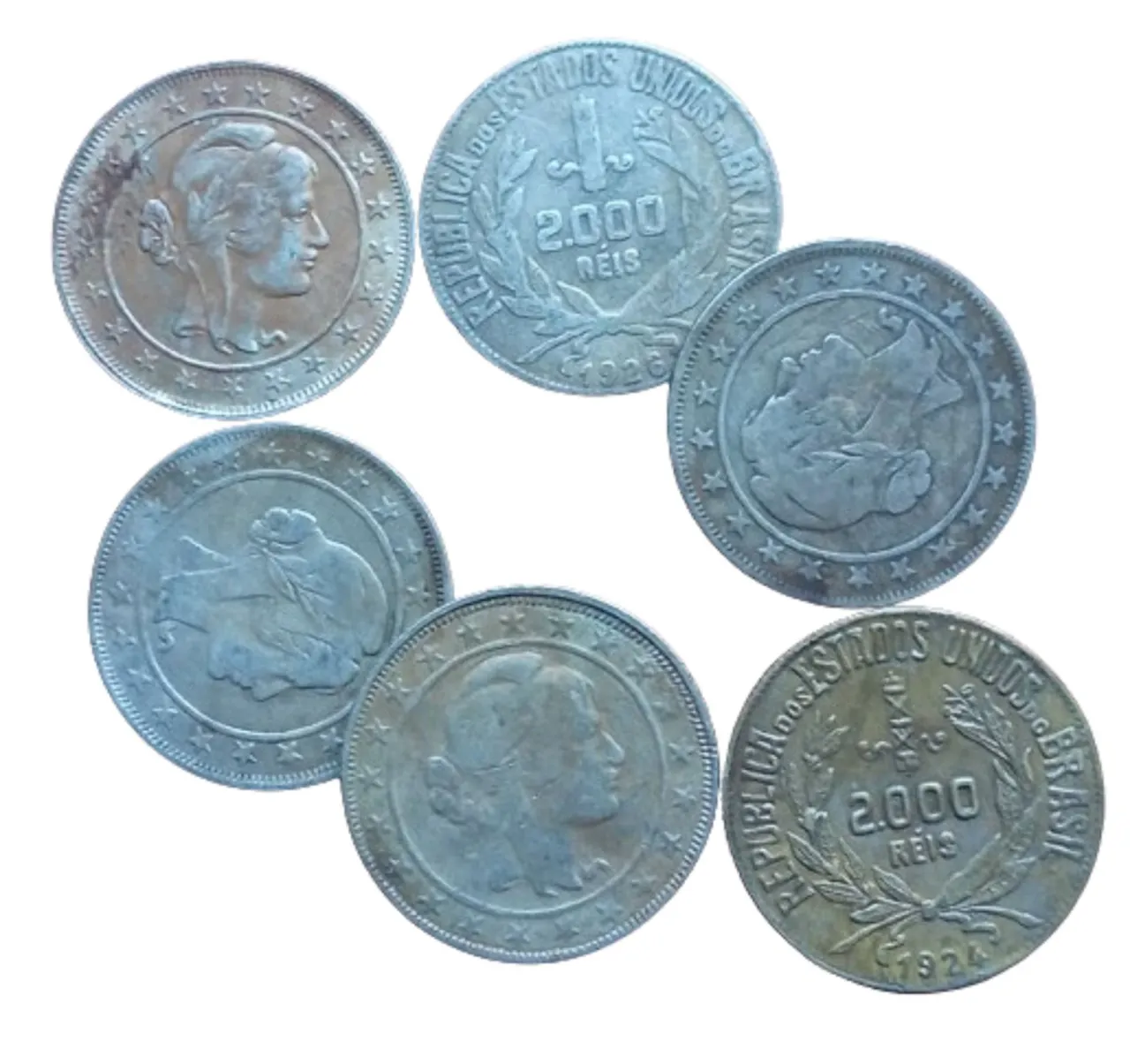 Seis moedas antigas de prata 500 Rs2$000 anos 1924/26/28/30/1931