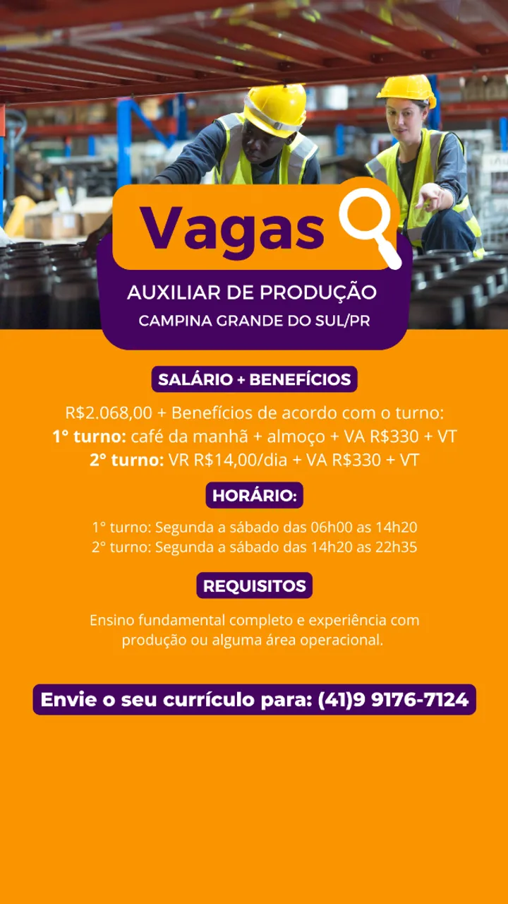 AUXILIAR DE PRODUÇÃO - CAMPINA GRANDE DO SUL