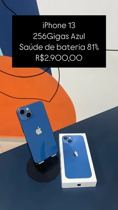 iPhone 13 256GB Azul Saúde de bateria 81% R$2.900,00 | Semi Novo