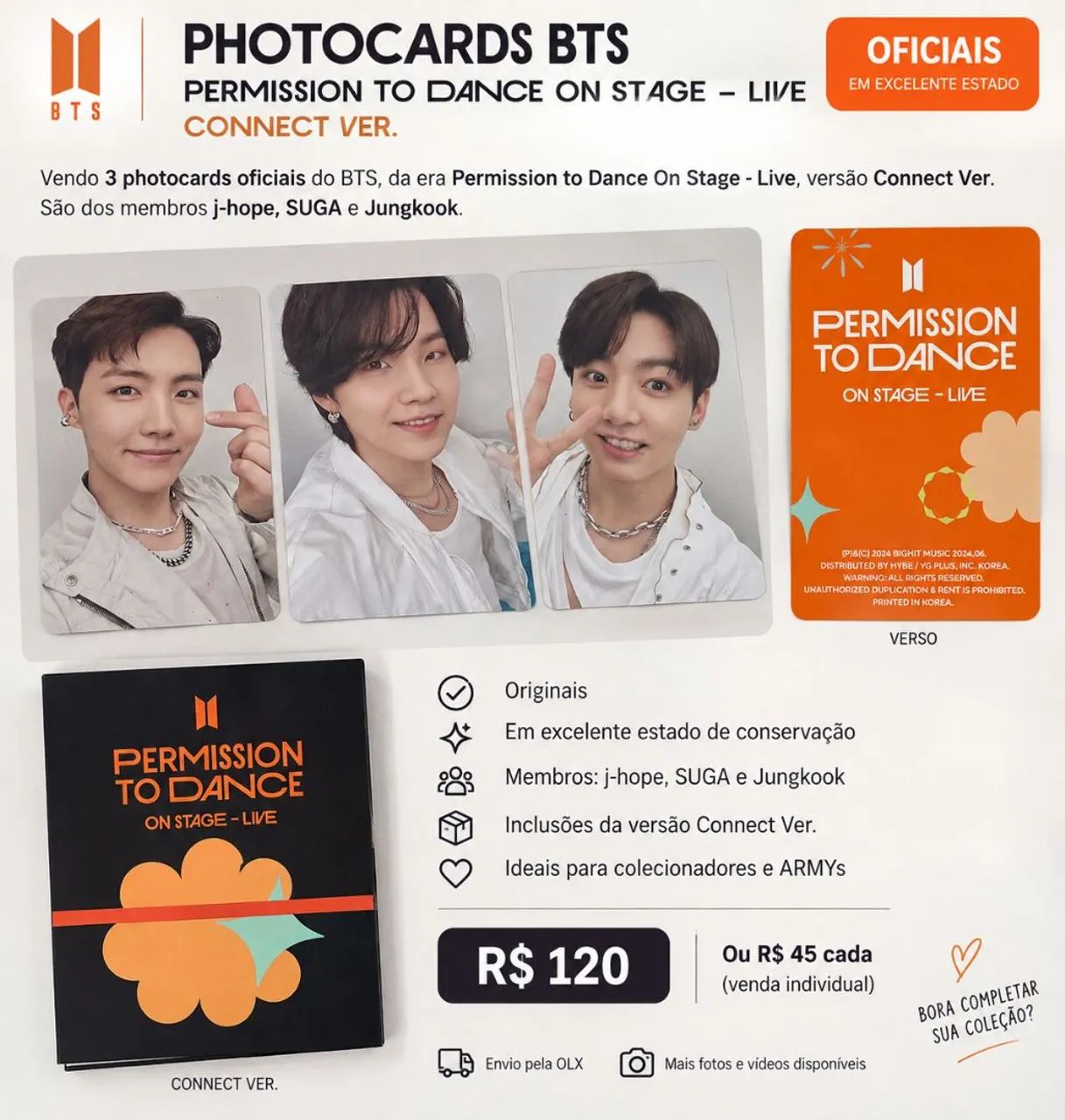 Photocards BTS Permission to Dance - Jungkook, SUGA e J-Hope