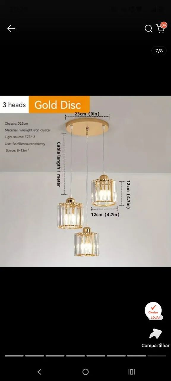 Lustre pendente Duplex Três Cabeças Cristal Rectangular - Foto 2