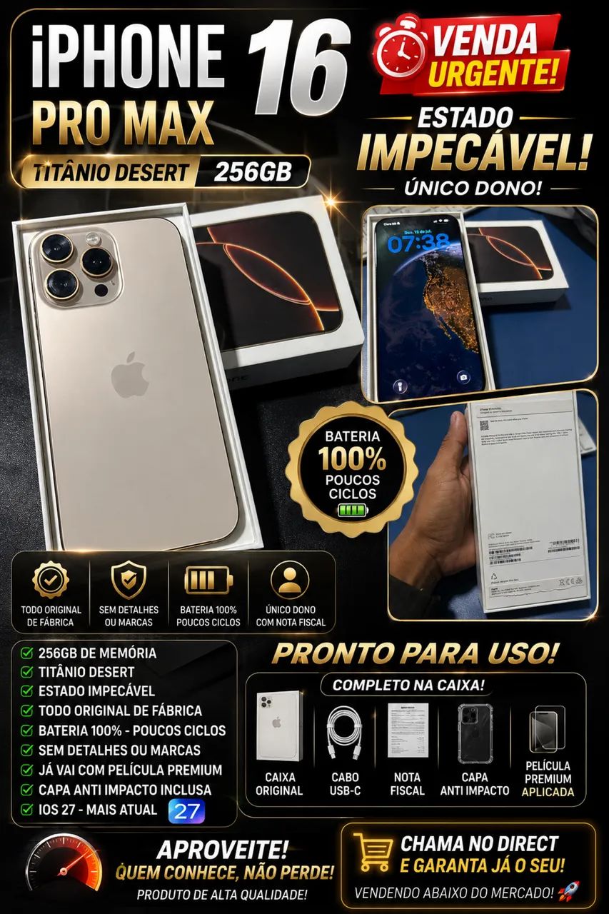 iPhone 16 Pro Max - 256 Gb - Titânio Desert - Completo.