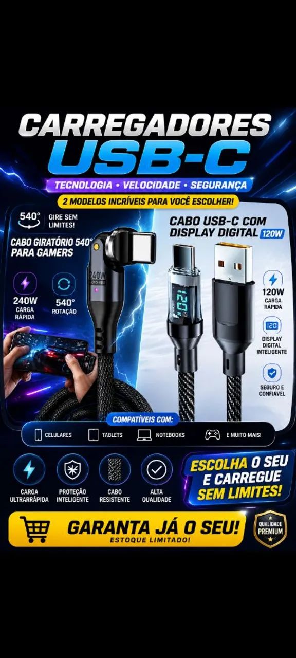 2 cabos para celular tipo C 1 flexível 24w e 1 led 100w