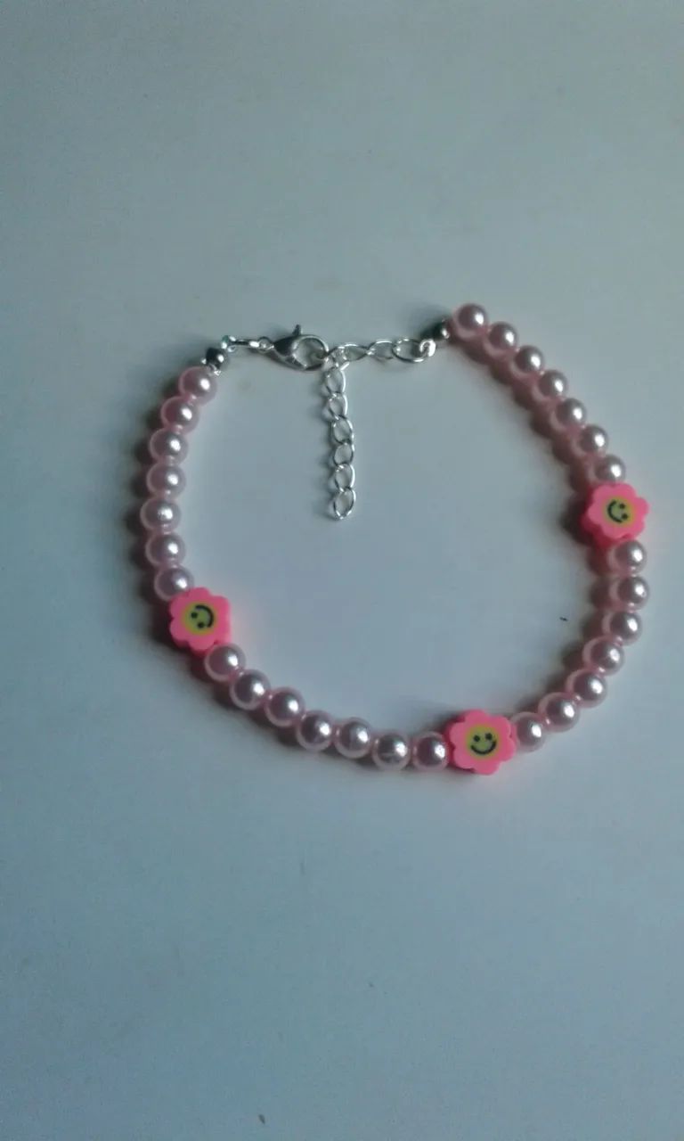 Colar choker feminina de pérolas rosa com flor conjunto com pulseira tamanho do colar P 35 - Foto 4