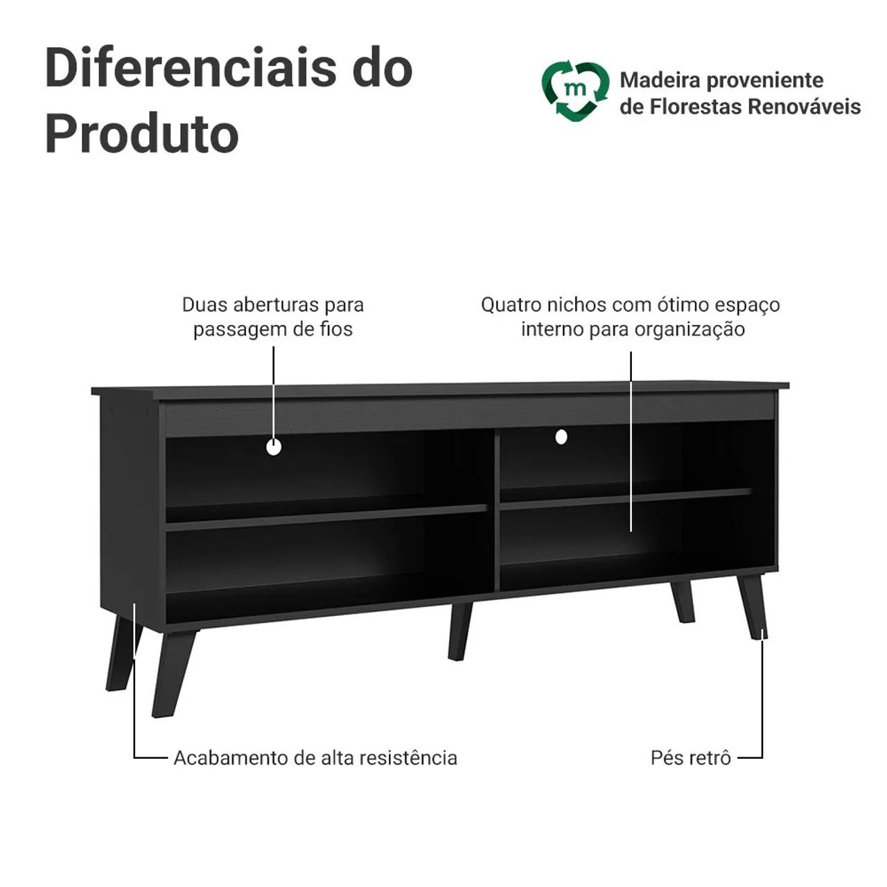 Rack p/ TV até 65" com Pés Preto  - Foto 4
