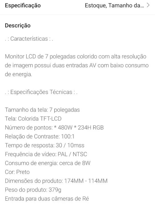 Monitor TFT 7 polegadas para Câmera de Ré - Foto 5
