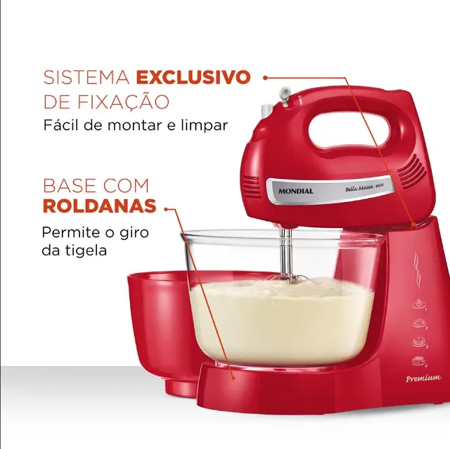 Batedeira Mondial Premium Bella Massa Inox B-29 NP com 4 Velocidades e 500W - Vermelha