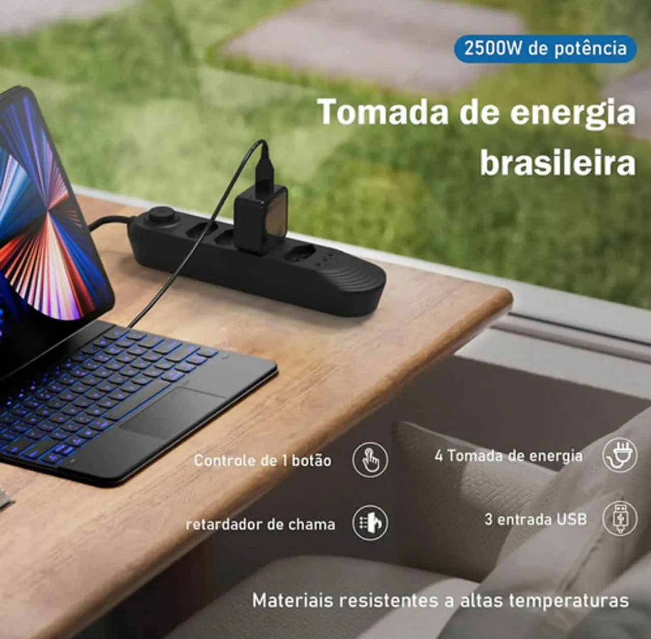 Tomada de energia com 3 USB e 4 tomadas