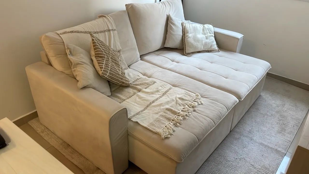 Sofá retrátil suede bege, extensível,   - Foto 2