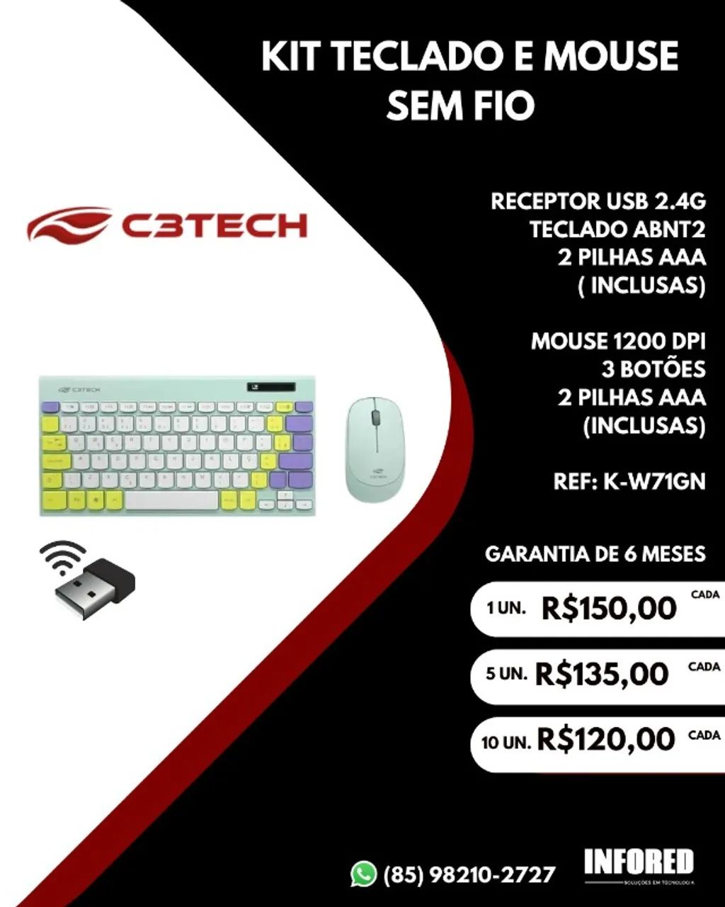 Kit Teclado e mouse sem fio C3 Tech K-W71GN