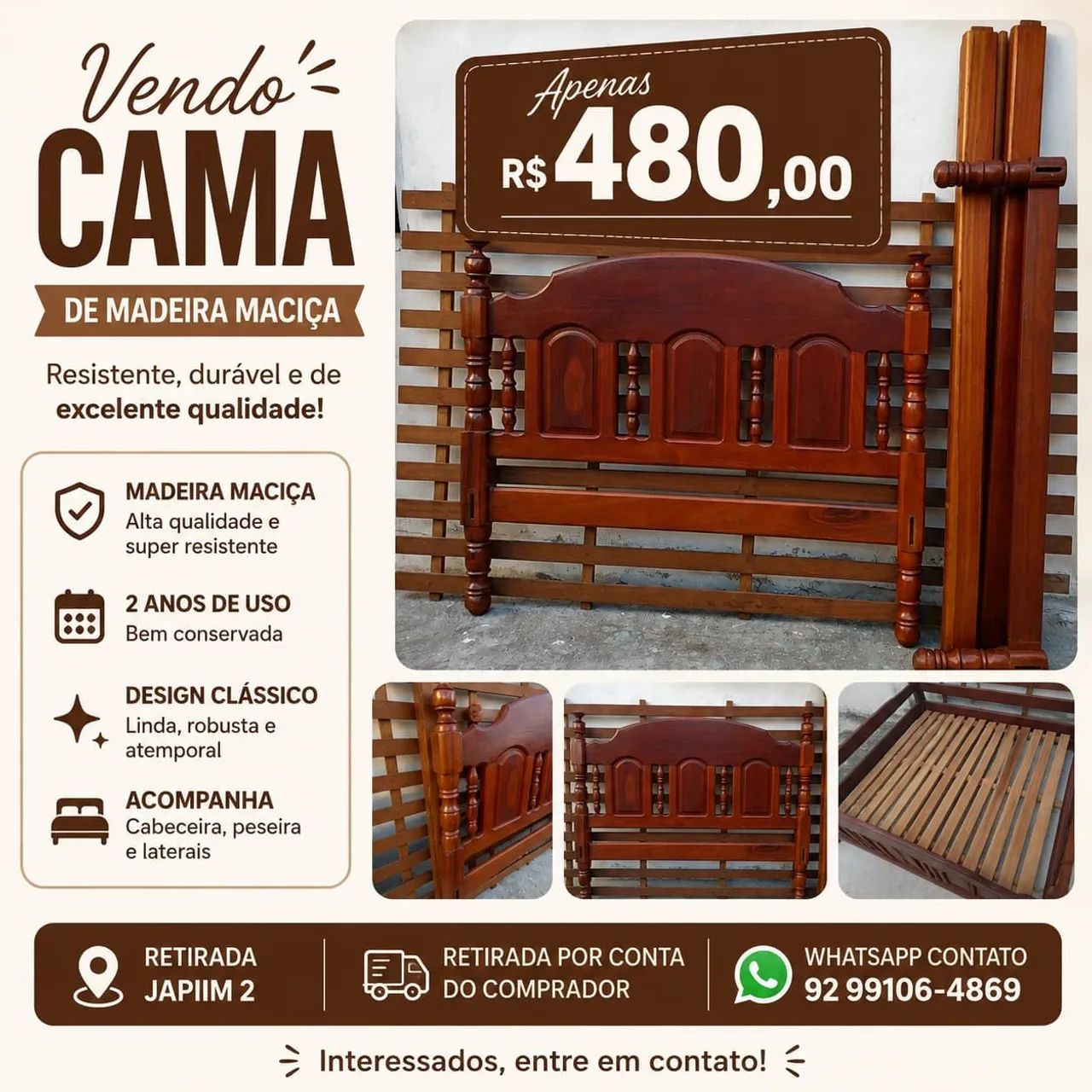 VENDE-SE CAMA DE MADEIRA MACIÇA USADA 