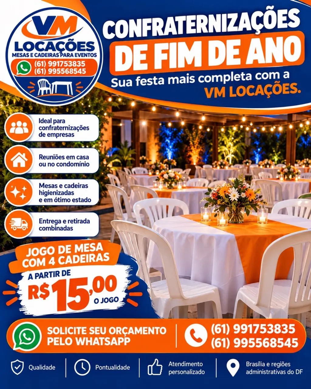 Aluguel de mesas e cadeiras | R$ 15 reais | capacidade 182kg