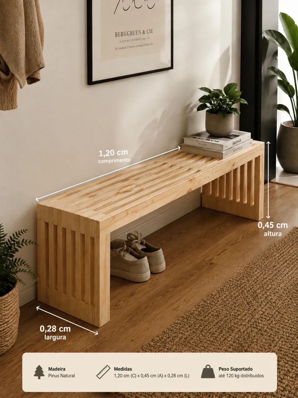 Banco de pinus natural 1,20 comprimento (novo) 