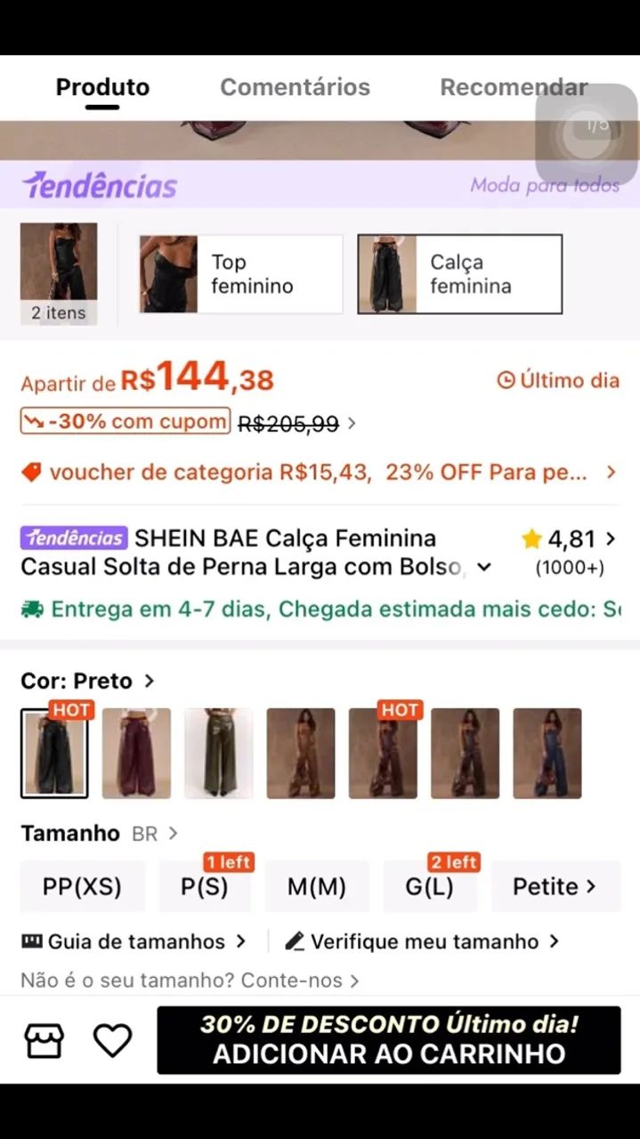 SHEIN BAE CALÇA, CALÇA DE COURO COM AS PERNAS LARGA - Foto 2