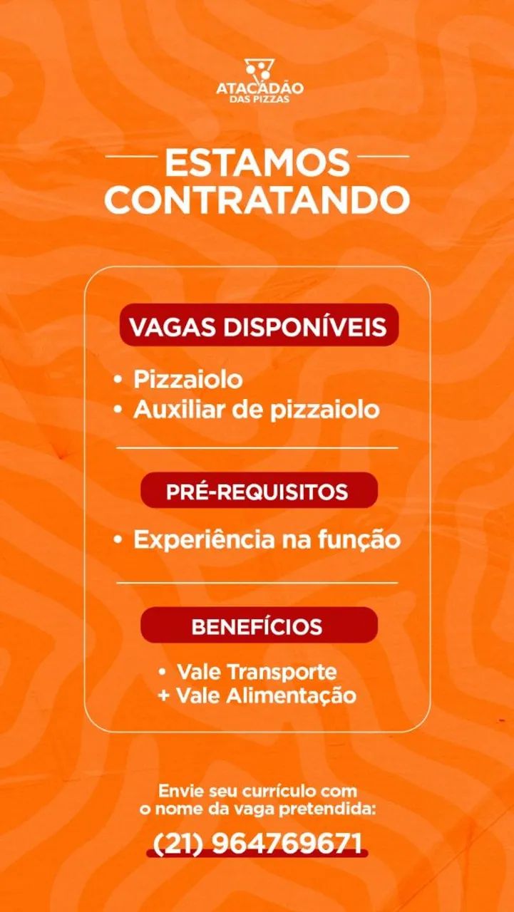 Vaga de pizzaiolo e ajudante 