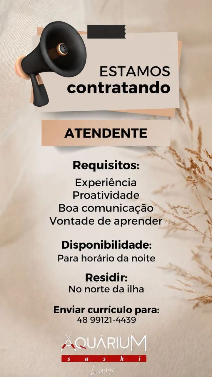 Vaga para Atendente/ Garçon