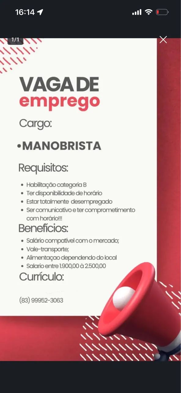 Vaga de emprego para manobrista 