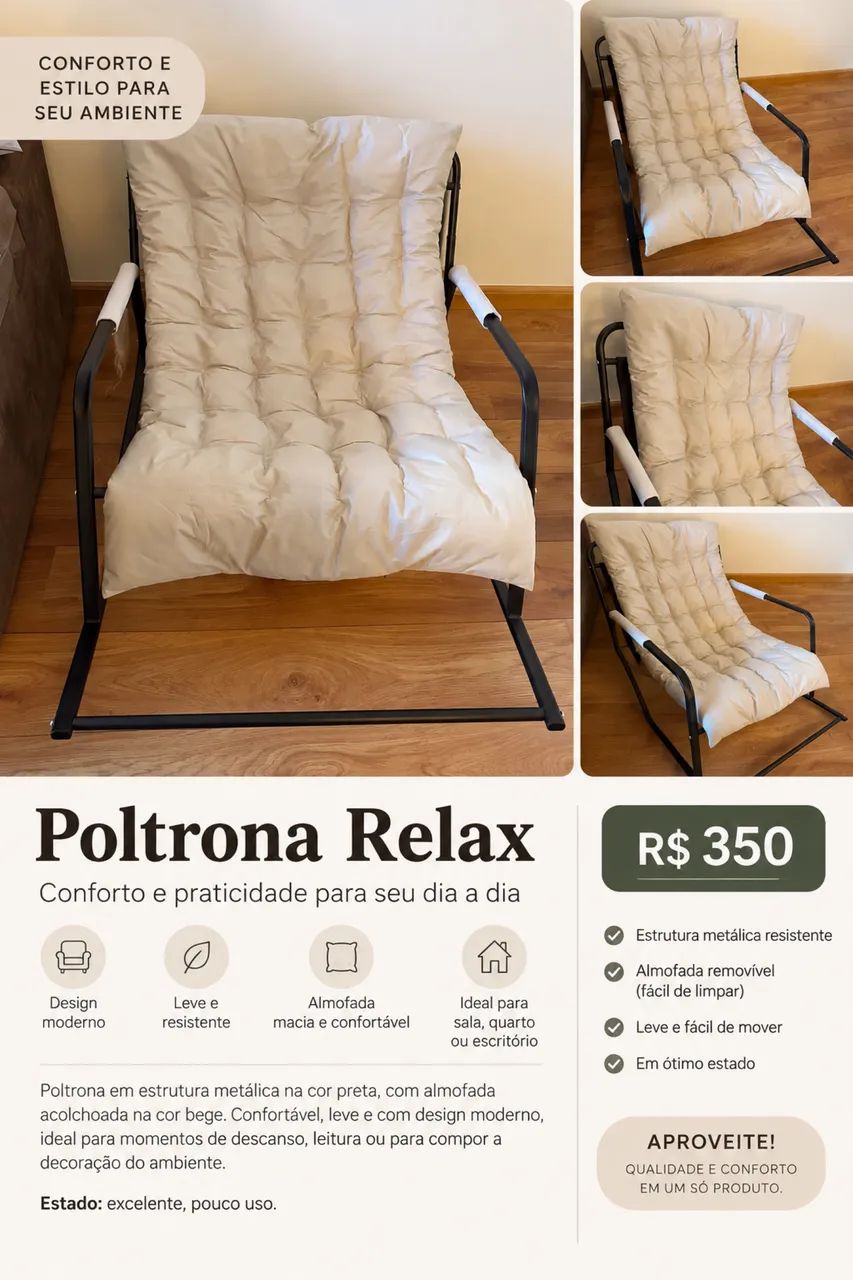 Poltrona Relax Acolchoada Bege com Estrutura Metálica Preta 