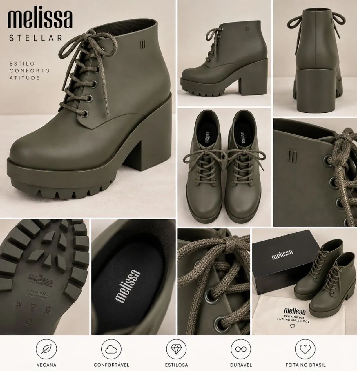 Bota Melissa Original Nova - Verde Militar | Salto Tratorado
