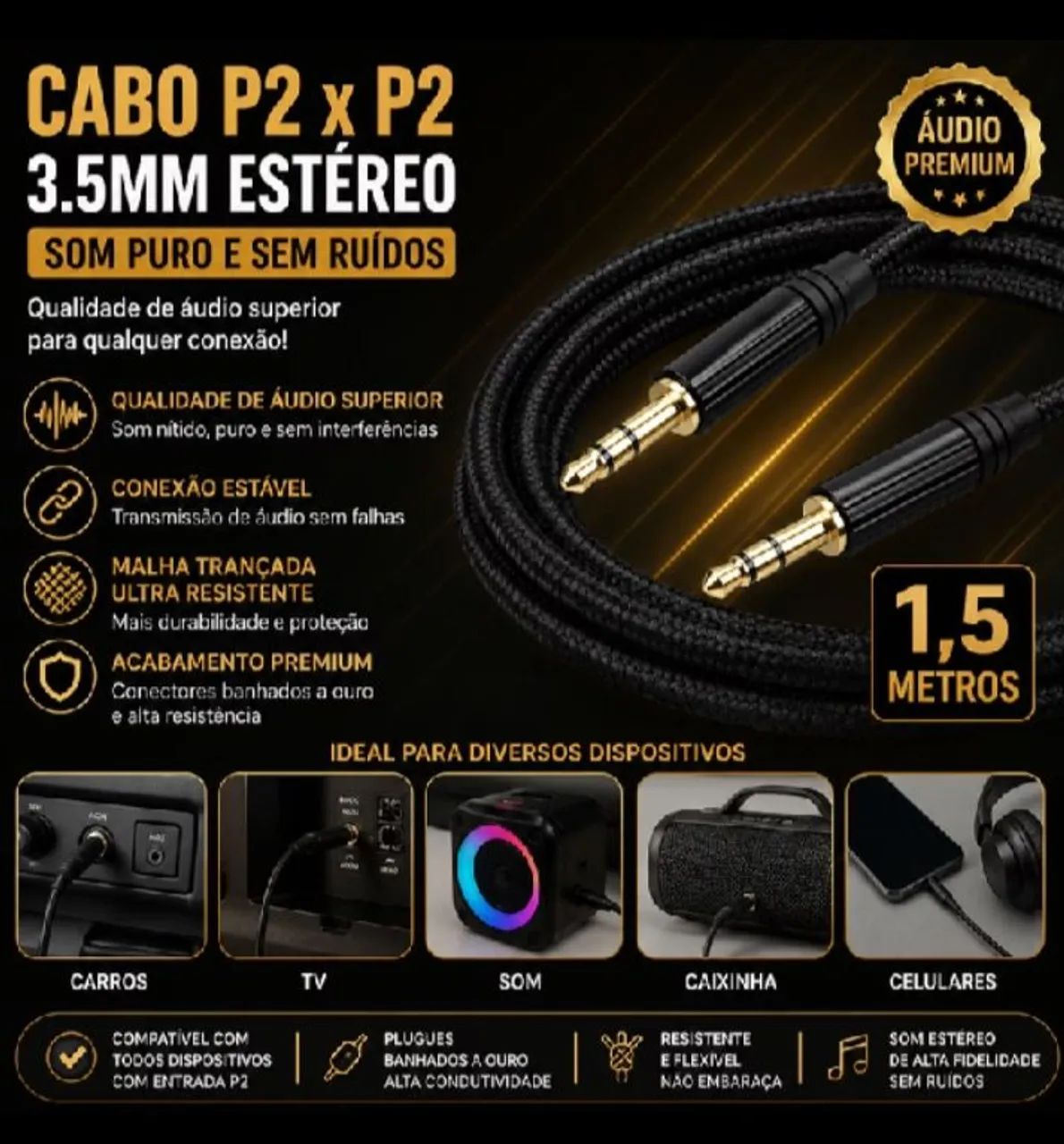 Cabo P2 + P2 áudio 3,5 metro  - Foto 4