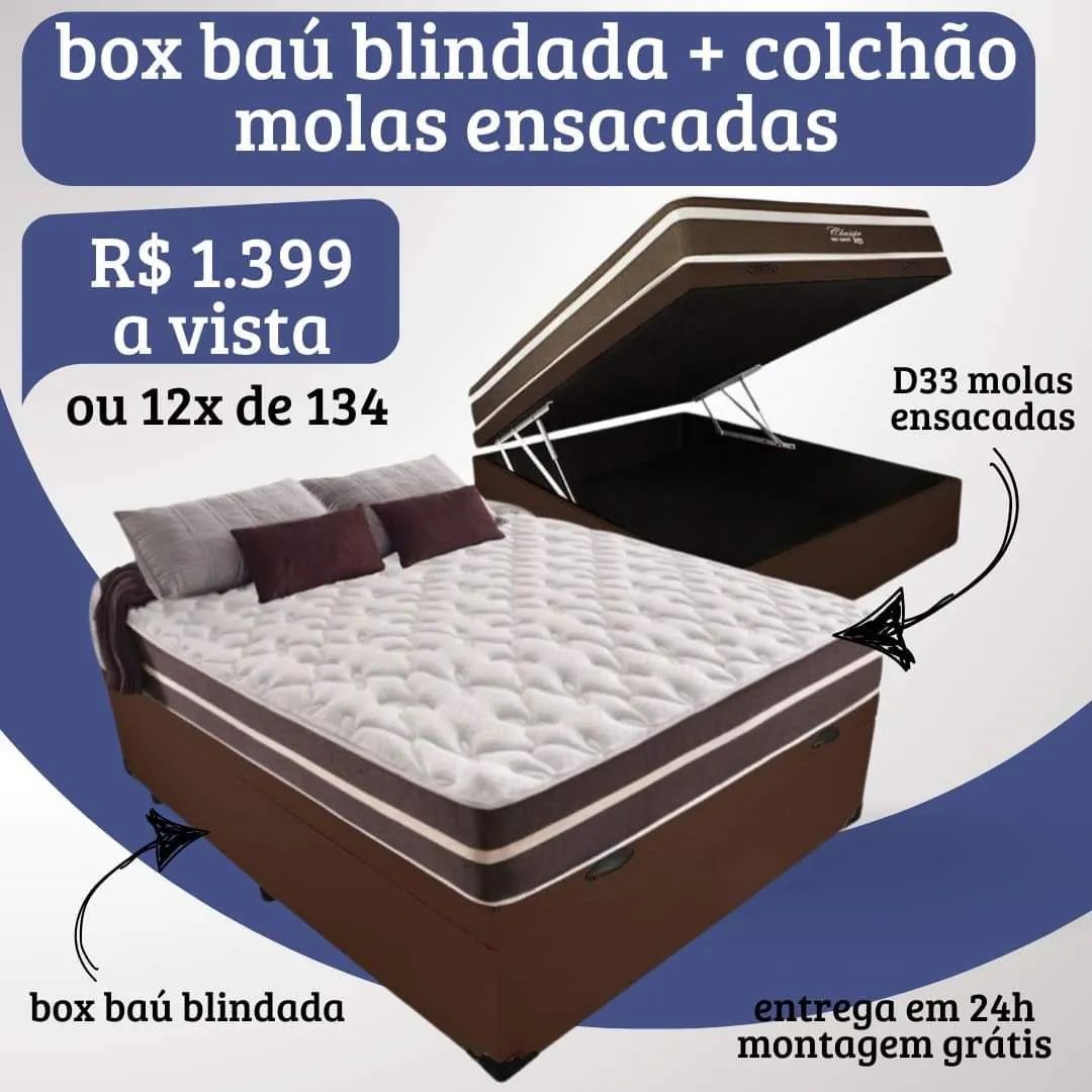 Base casal baú blindada + colchão casal molas ensacadas espuma D33 promo J24 - Foto 6