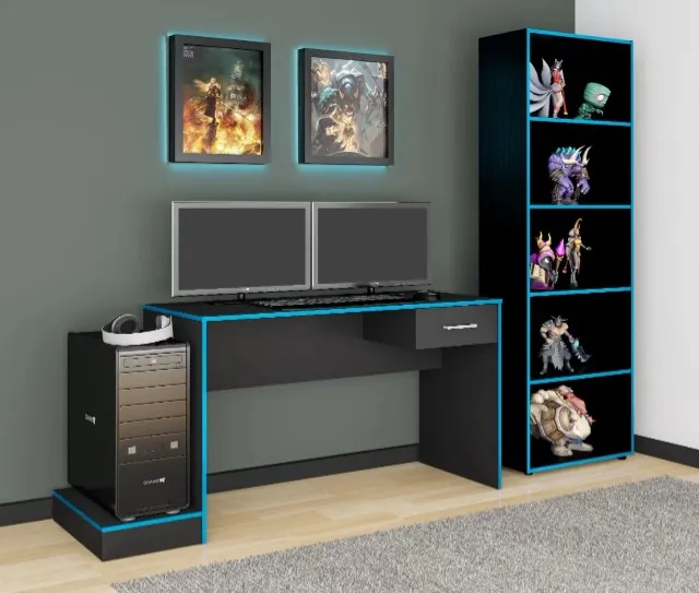 Promoção Mesa Gamer Preta com Azul - G