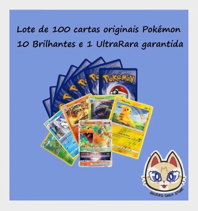 Kit Pokémon 100 Cartas, 10 Brilhantes, Ultrarara E Brindes