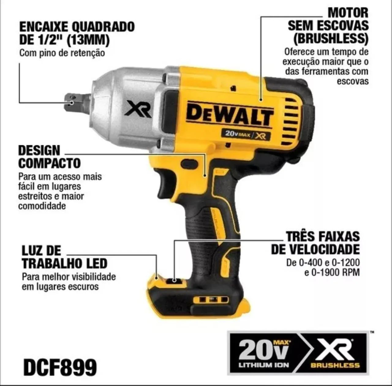 Chave De Impacto 2 Baterias 20v 5ah Dewalt Dcf899 Bivolt - Foto 2