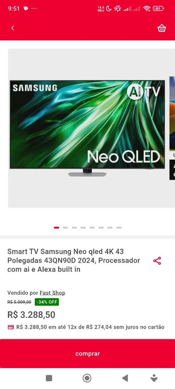 Smart TV Samsung Neo QLED 4K 43 Polegadas 43QN90D 2024