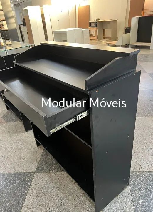 Balcão Caixa em L + Balcão Atendimento + 2 Estantes Prateleiras - MDF Preto - Foto 3