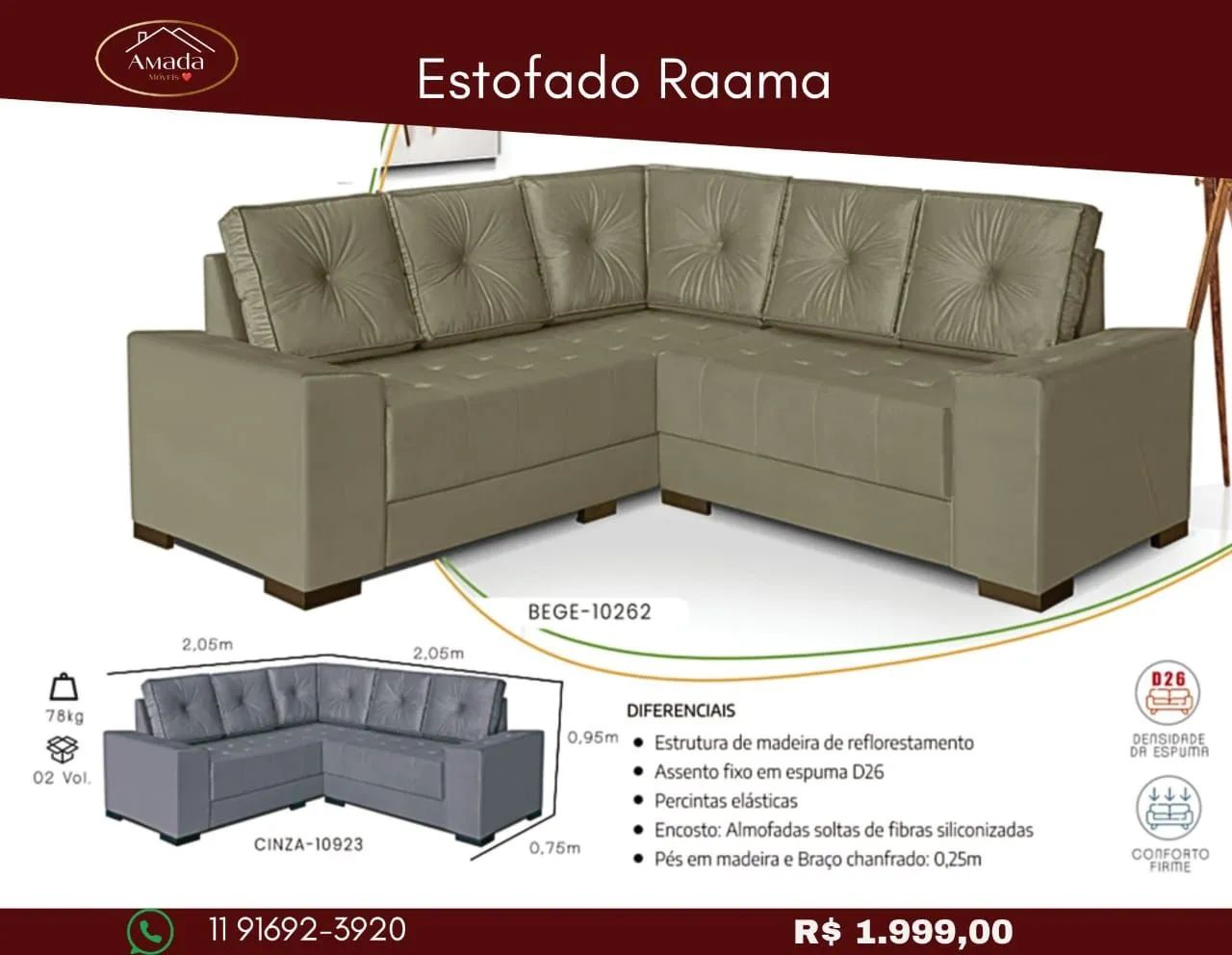 Sofá de Canto Raama - Bege - entrega em 3 Dias 