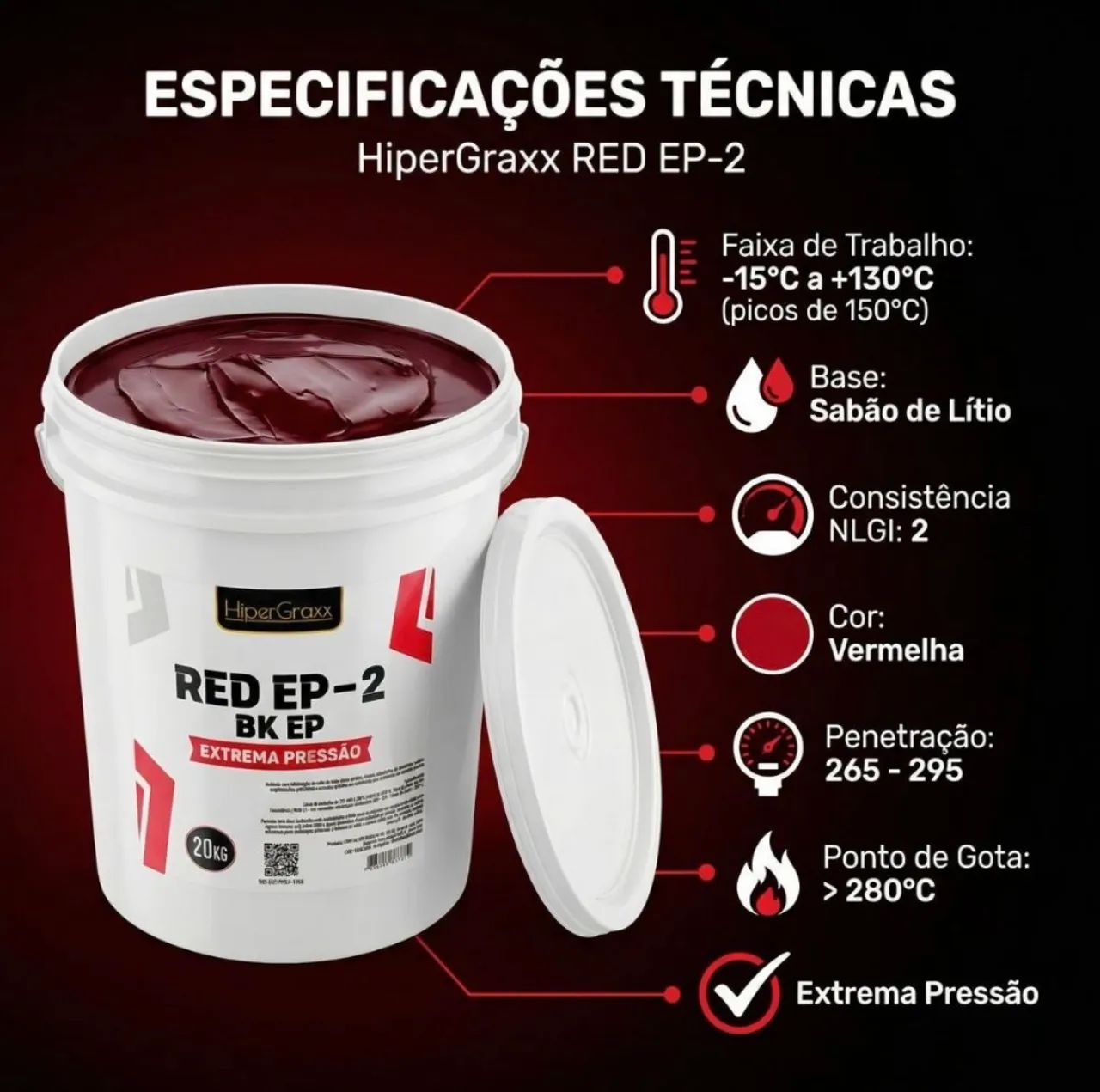Graxa Lubrificante de Extrema Pressão HiperGraxx RED EP-2 - Balde 20kg - Foto 3