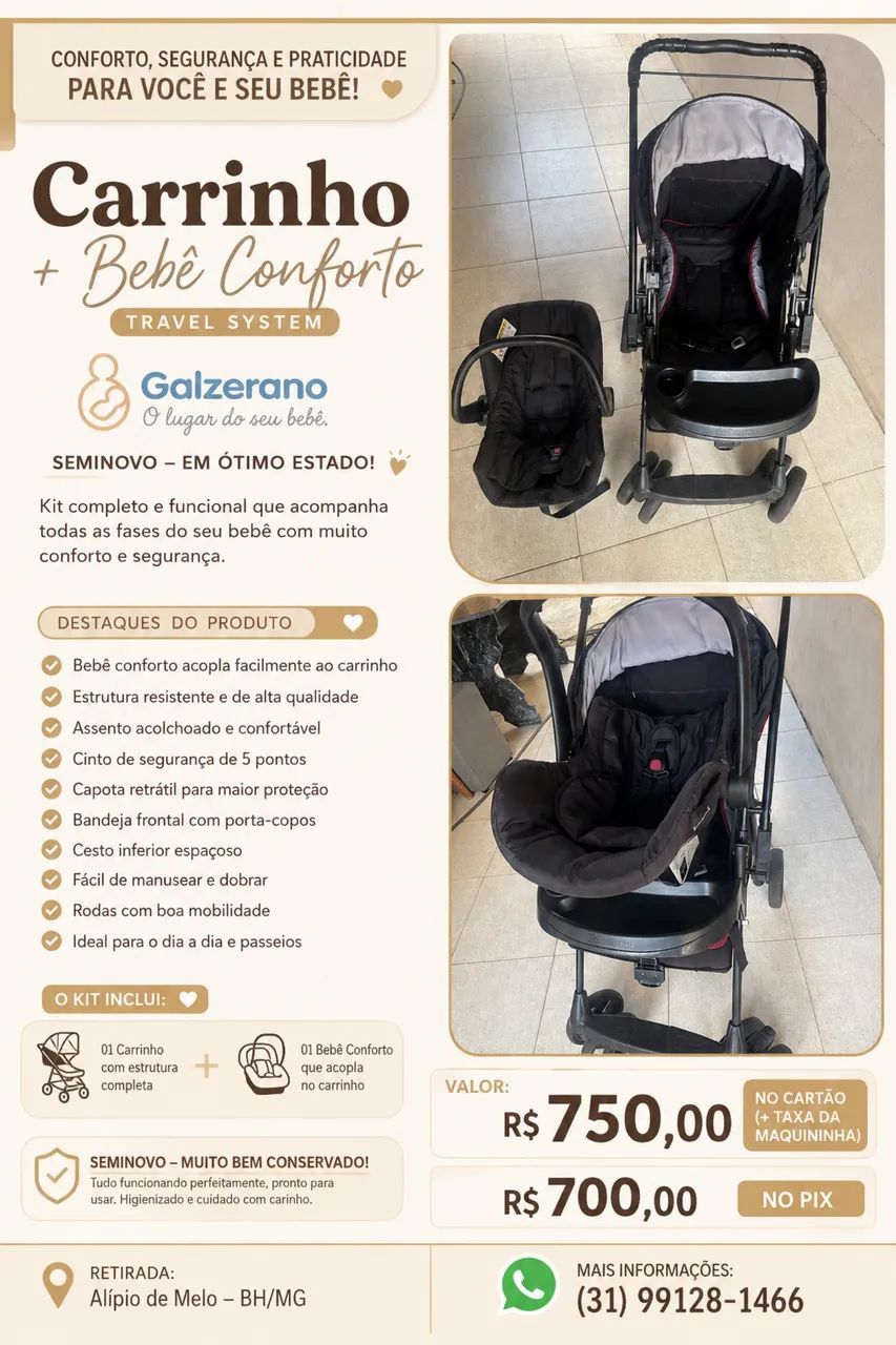 Carrinho + Bebê Conforto Travel System Galzerano  - Foto 5