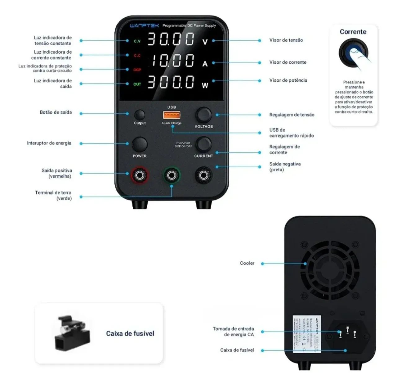 Fonte de Bancada Wanptek 30V 10A 300W - 4 Dígitos - Foto 4