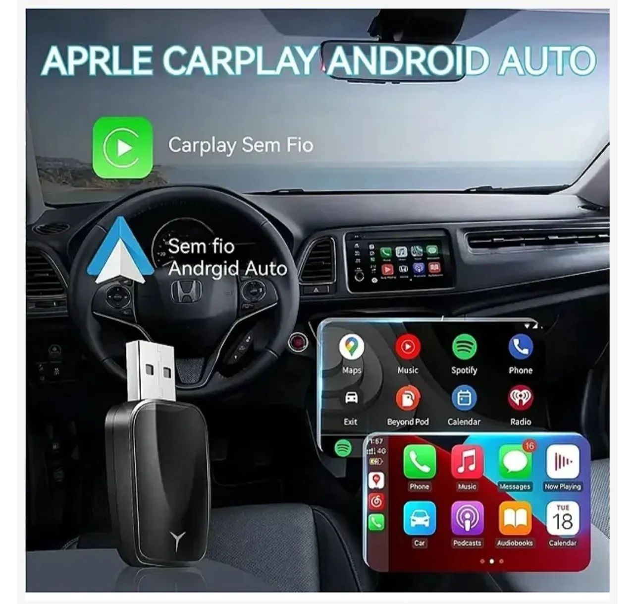 CarPlay e Android Auto Sem Fio para iPhone e Android - Dongle USB-A/C Plug & Play - Foto 5
