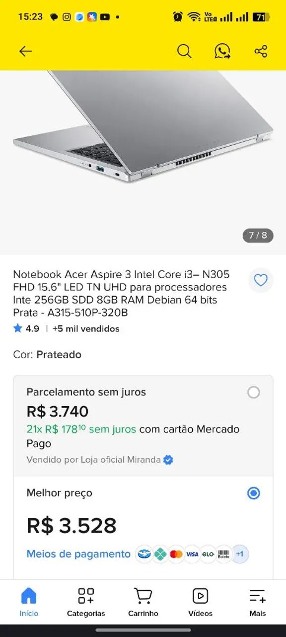 Notebook acer <br>4,8 (1068)<br>Notebook Acer Aspire 3 Intel Core i
