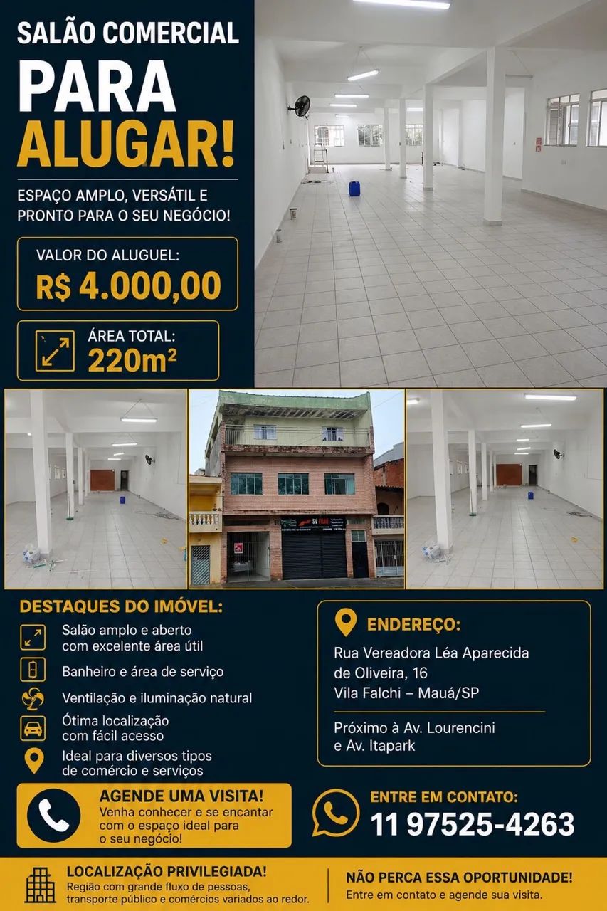 Salão Comercial para Alugar - 220 m² - Vila Falchi - Mauá/SP