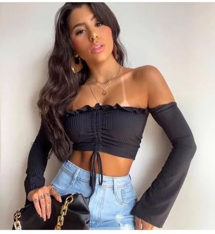 Cropped canelado manga longa