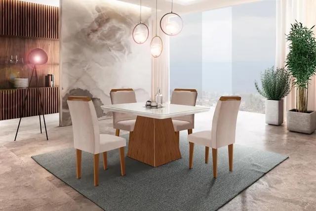 Mesa de jantar Lunp 4 cadeiras com tampo de vidro lackeado em mega promoção !