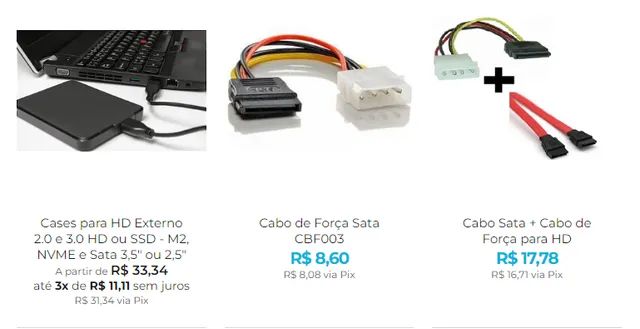 Case para HD Externo, Cabo Sata, Adaptador Molex Sata