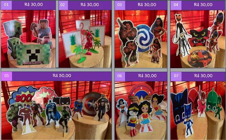 MINI TOTENS DE FESTA INFANTIL. DIVERSOS TEMAS: MOANA, MINECRAFT, SUPER-HERÓIS E MUITO MAIS