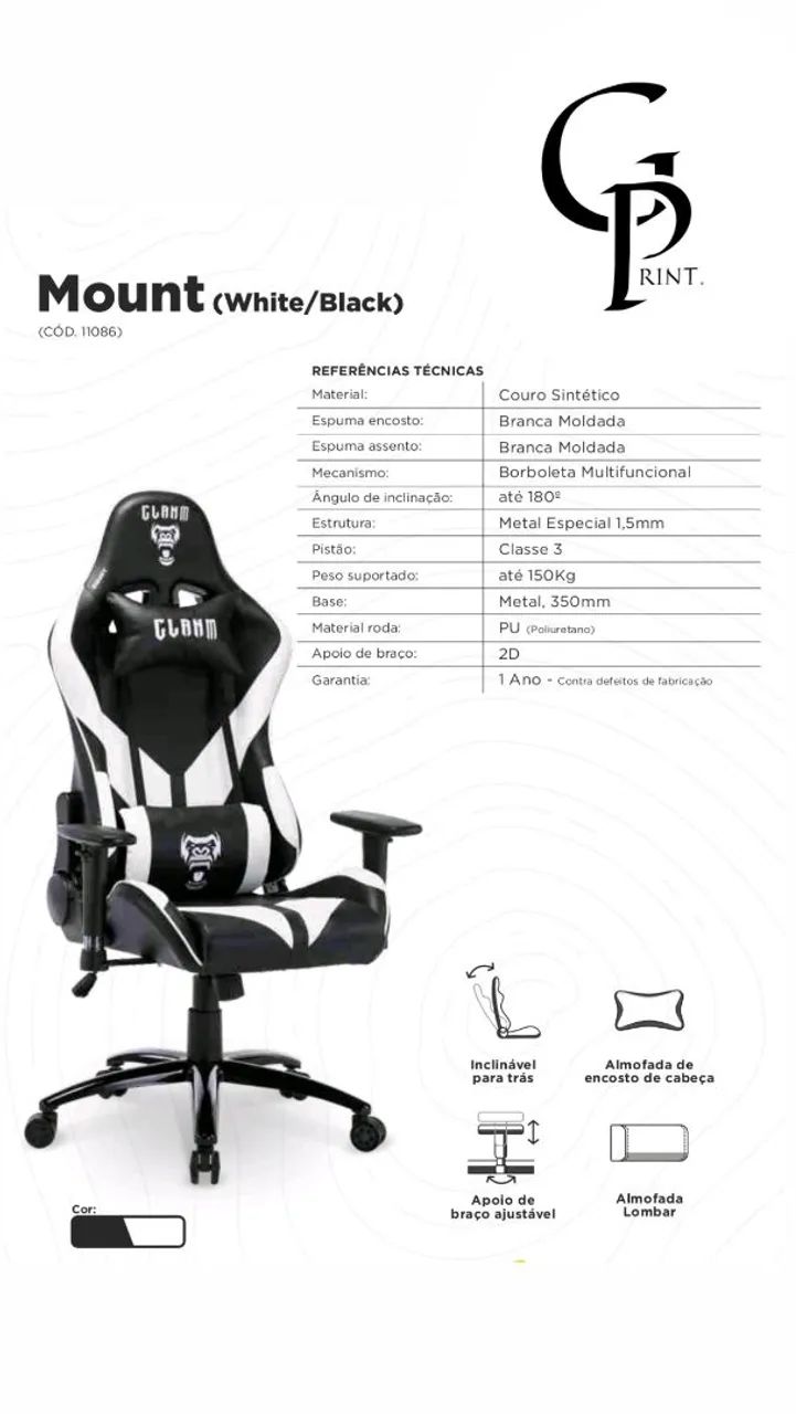 Cadeira Gamer Mount (White/Black) - PROMOÇÃO!