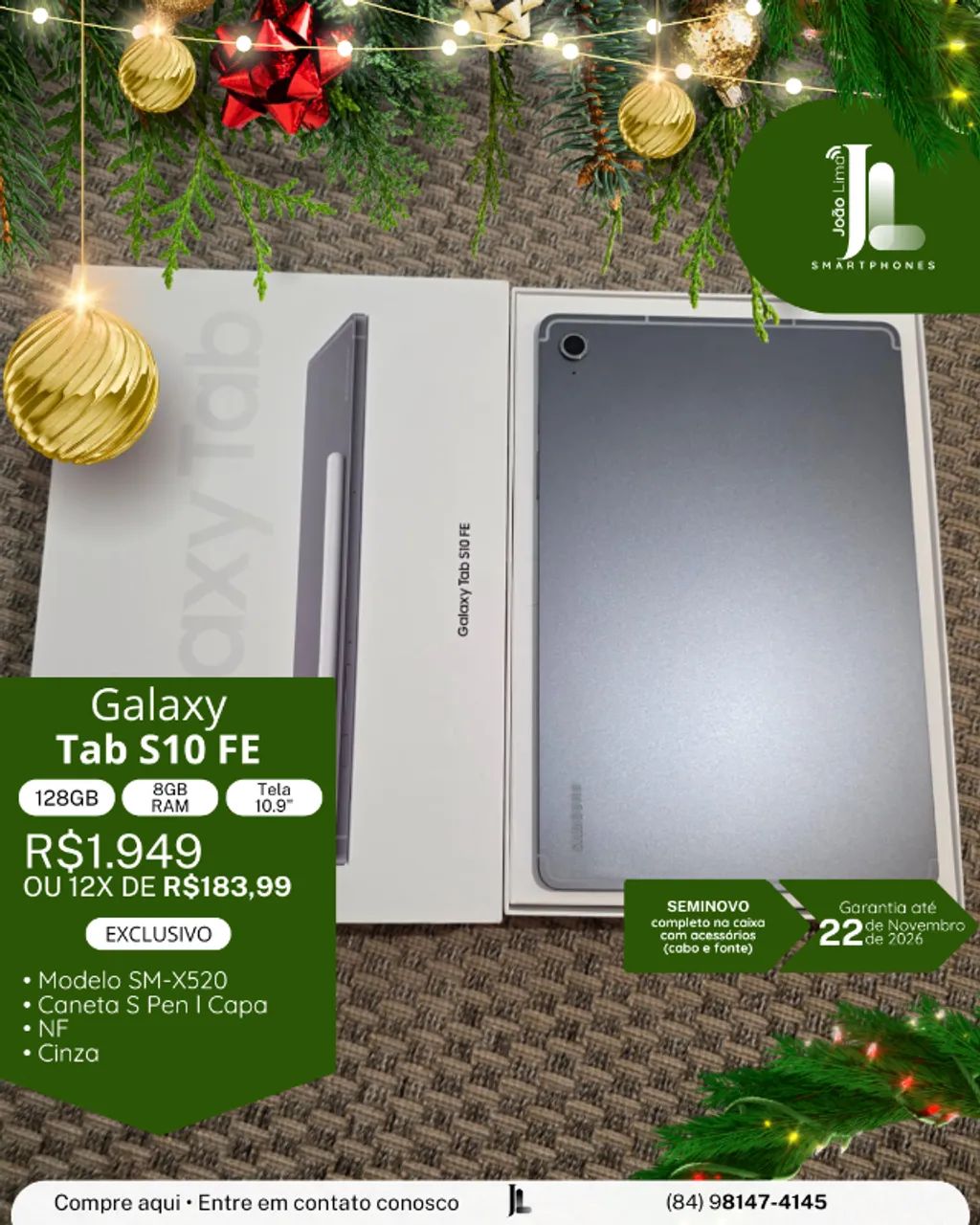 GALAXY TAB S10 FE, 128GB, 8GB RAM, TELA 10.9 POL., CINZA, SEMINOVO